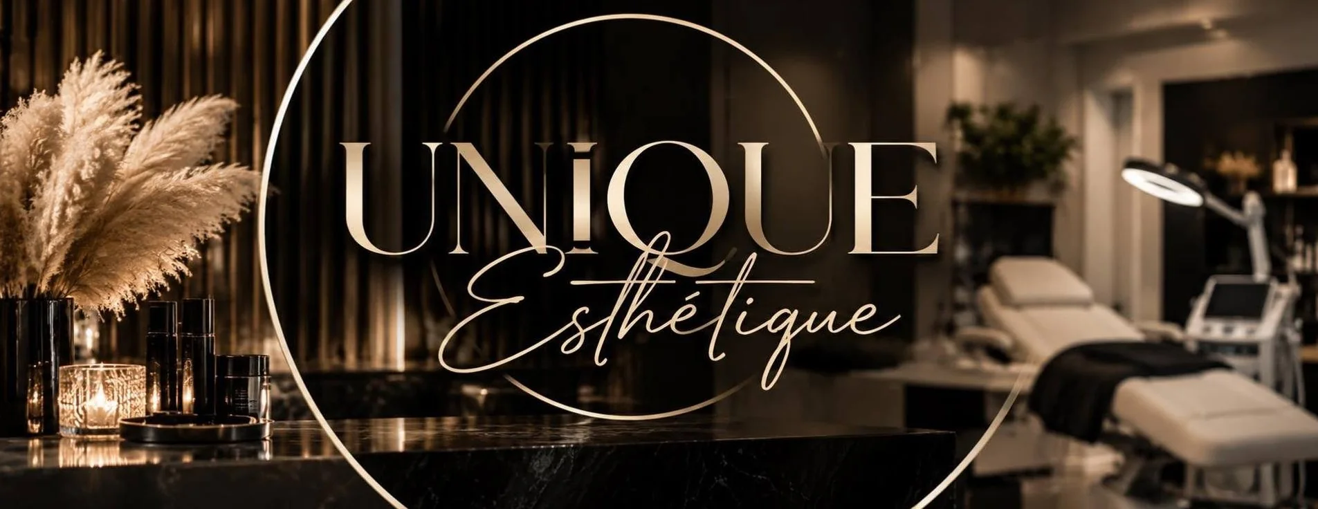Le logo doré Unique Esthétique sur un décor de clinique